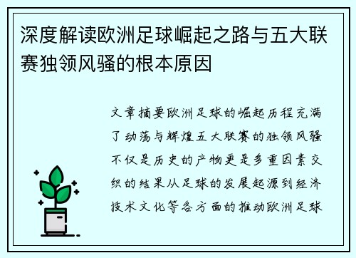 深度解读欧洲足球崛起之路与五大联赛独领风骚的根本原因